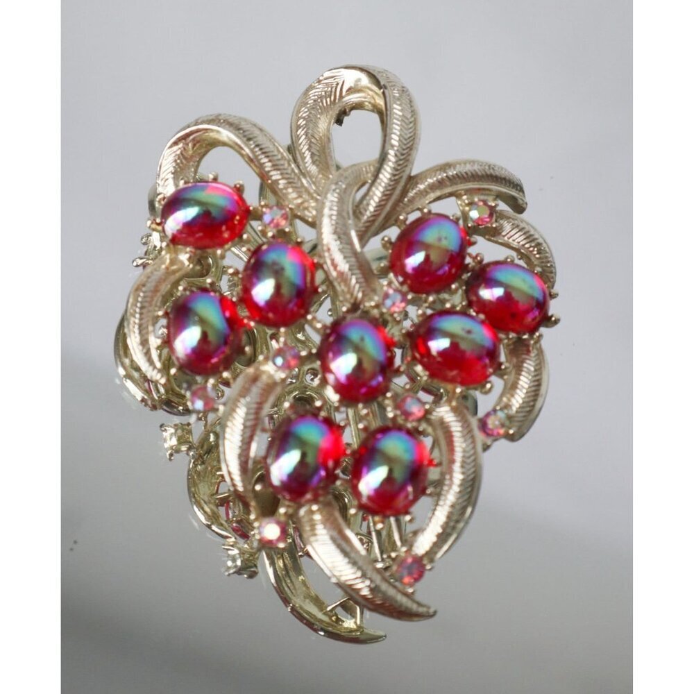 Vintage Coro Brooch Pin Mid Century Modern Red Glass Silver Tone Grannycore